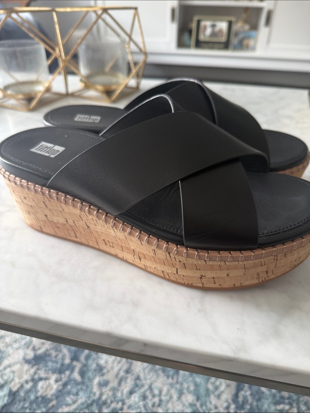 Black Platform Cork Wedge Slide Sandals - FitFlop